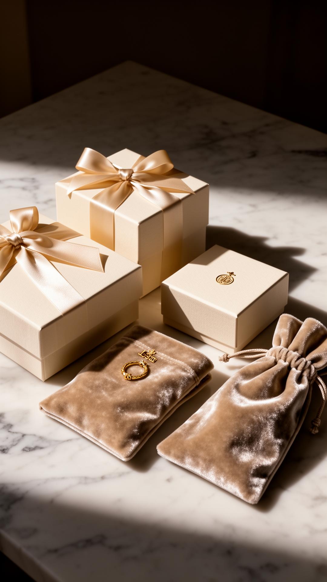 Packaging premium y accesorios de lujo sobre superficie de mármol